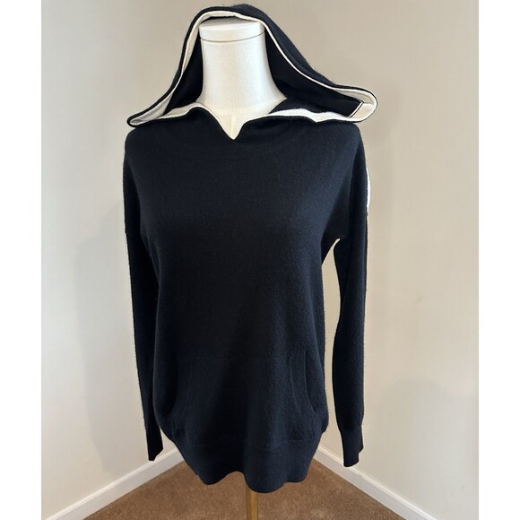 Autumn Cashmere 100% Pure Cashmere Hoodie Sweater Black & Ivory Sz S - Picture 1 of 11